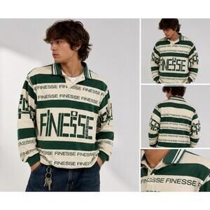 Vintage Finesse Rugby Polo Shirt Green Cream All Over Print Y2K Streetwear M